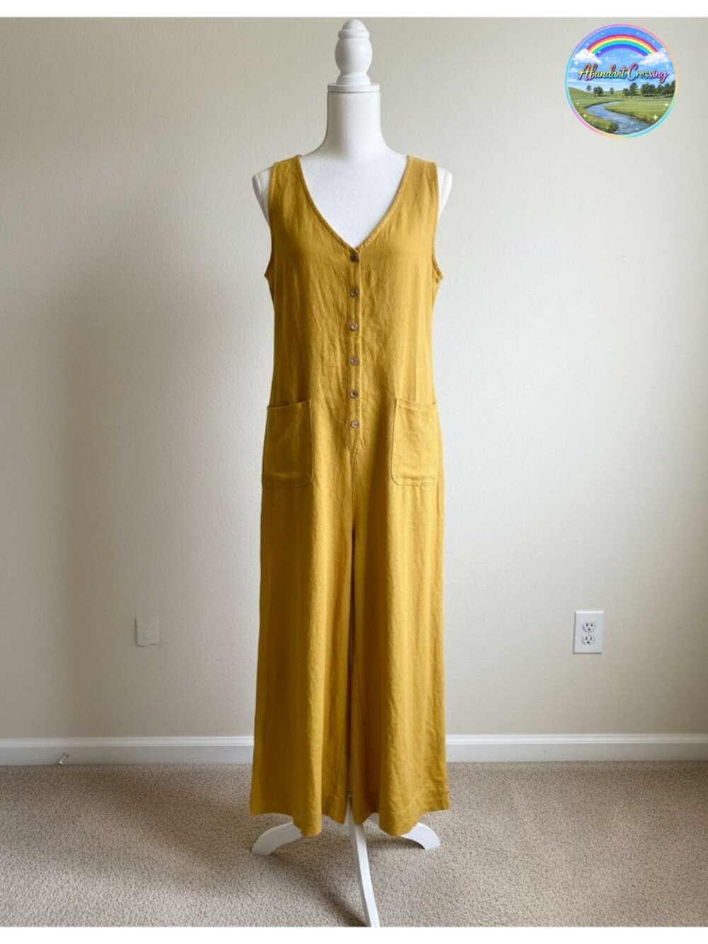Yeokou Cotton Linen Button Down Jumpsuit Wide Leg Sleeveless Romper